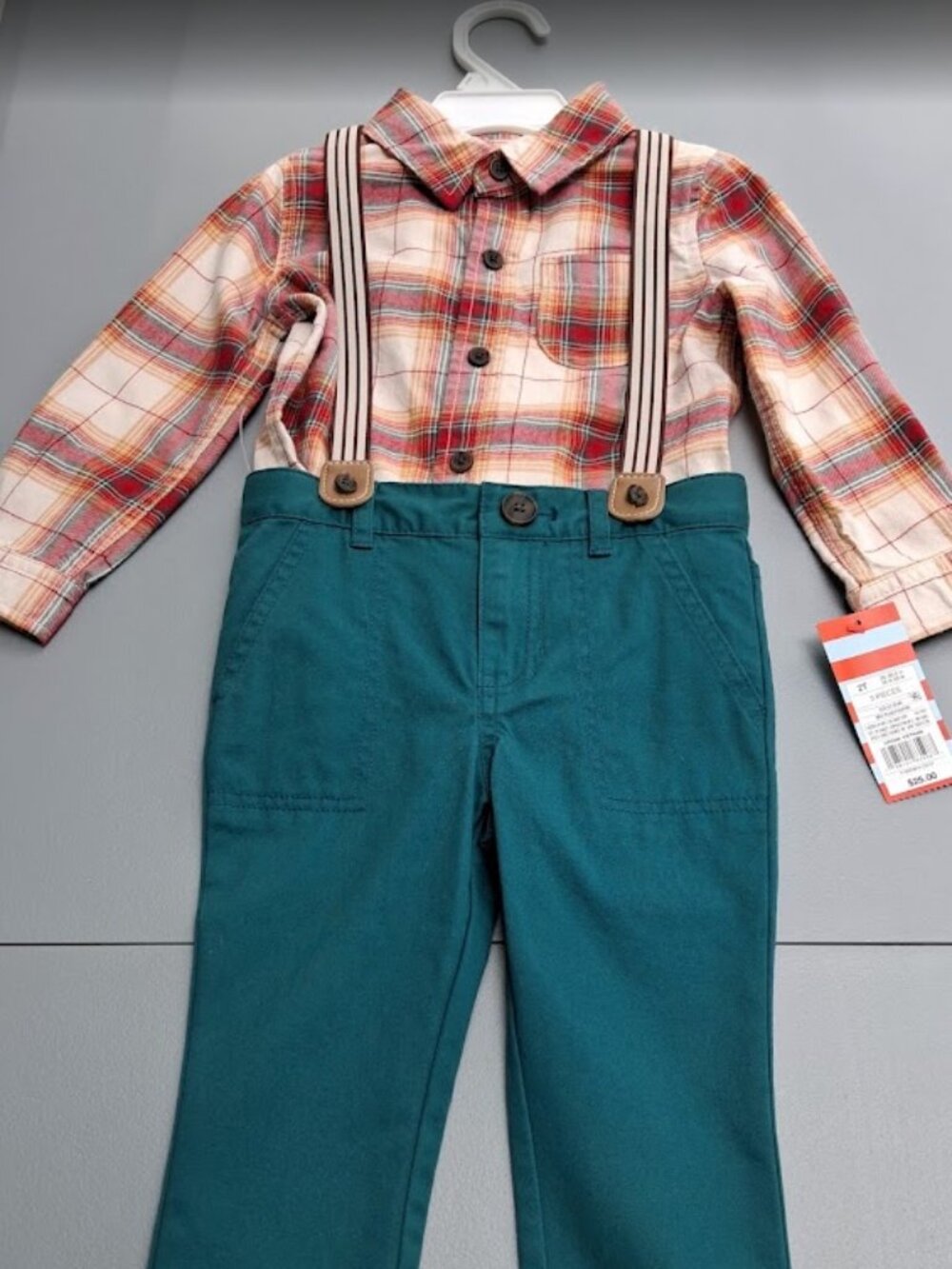 Cat & Jack Toddler Boys' Plaid Button-Down Shirt and Suspender Pants Set, 2T